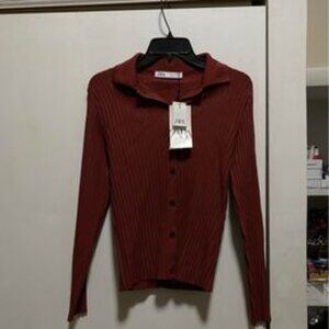 NWT Zara Ribbed Fitted Button Front Shirt with Collar